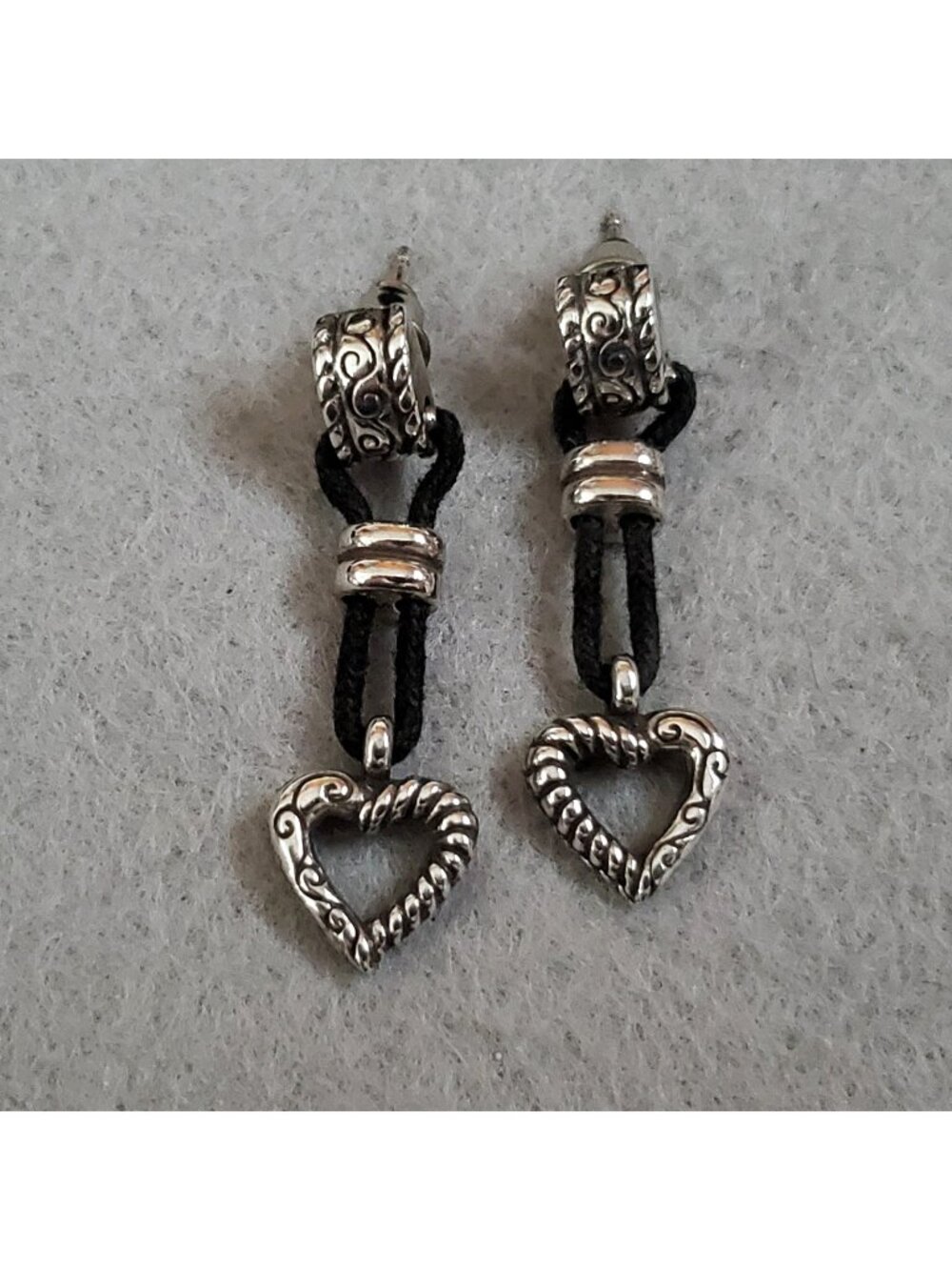 Vintage Brighton Heart Earrings Dangle Silver Tone Black 1.25"